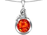 Original Star K(tm) Loving Mother With Child Family Large Pendant With Round 10mm Simulated Mexican Fire Opal in .925 Sterling Silver