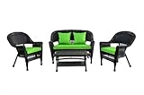IMAGE OF 4pc Black Wicker Conversation Set - Green Cushions