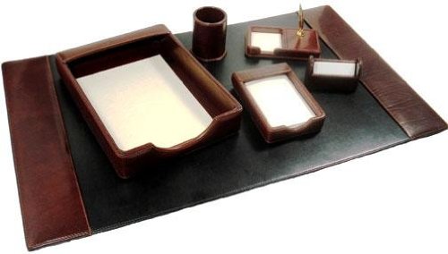 Hand-Stained Italian Leather 6 Piece Desk Set - Cognac On Sale
