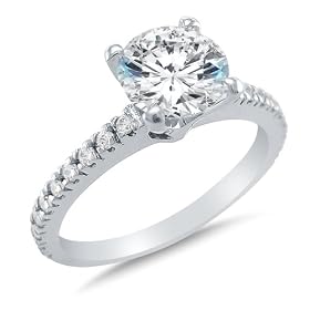 Size 4 - Solid 14k White Gold Classic Traditional Round Brilliant Cut Solitaire with Small Side Stones Highest Quality CZ Cubic Zirconia Engagement Ring 1.5ct.
