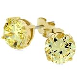 14k Gold Bonded to .925 Sterling Silver 7mm 3A Grade Prong Set Round Cut Jonquil Yellow CZ Stud...