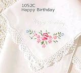 Floral Handkerchief with Embroidery, Reads: Happy Birthday