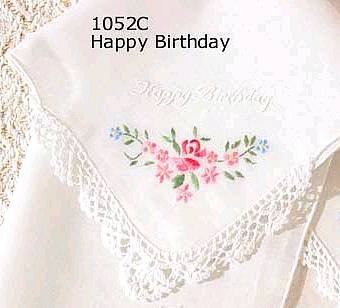 Floral Handkerchief with Embroidery, Reads: Happy Birthday