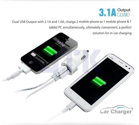 Dual USB High Speed Car Charger 2.1A + 1A for Tablets, Smartphones, GPS Charging - White Color with Dark Blue Aluminum Pull Tab