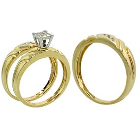 14k Yellow Gold Trio 3-Piece His (5mm) & Hers (4mm; 5mm) Wedding Band Set, w/ 0.25 Carat Brilliant Cut & Invisible-set Diamonds; (Men's Size 9 to 12; Ladies' Size 6 to 8)