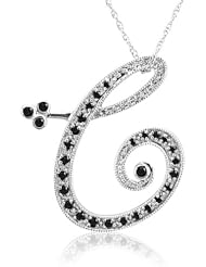 14k White Gold Alphabet Initial Letter C Black Diamond Pendant Necklace-0.18 carat