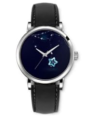 SPRAWL Aanalog Fashion Series Silver Ladies Watches of Genuine Black Leather Strap,Unique Wrist Watch for Women Girls Designed with Blue star on black background