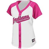 MLB Women's Cleveland Indians Short Sleeve 5 Button Synthetic Replica Baseball Jersey (White/Pink Splash, Small)