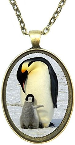Penguin Mother &amp; Baby Animal Aura Antique Gold Bronze Pendant with Chain Necklace