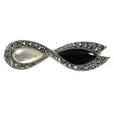 STERLING SILVER BROOCH 15X50mm - Marcasite, MOP, Black Onyx