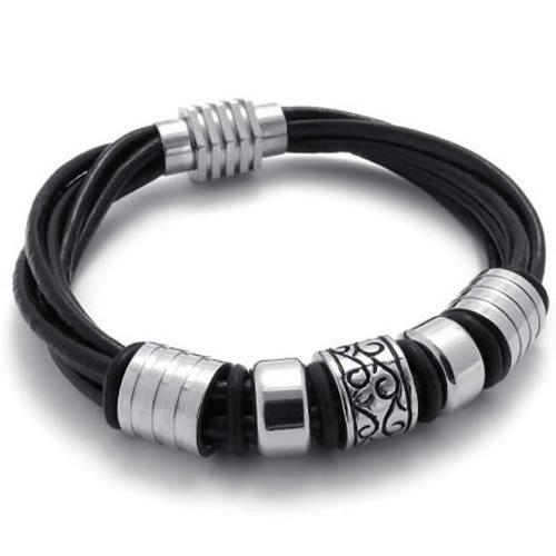 KONOV Black Leather Biker Mens Bracelet Magnetic Stainless Steel Clasp - 8