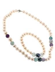 Freshwater Pearl Necklace and Bracelet Set with Green and Blue Flurite - 8.5-9mm - 18" Necklace, 7" Bracelet