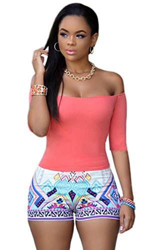 Kearia Womens Sexy Off Shoulder Paisley Print Boho Beach Shorts Rompers Jumpsuit