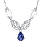 Gorgeous Pear Shape Created Sapphire & Round Shape White CZ Pendant Necklace in Sterling Silver Rhodium Finish