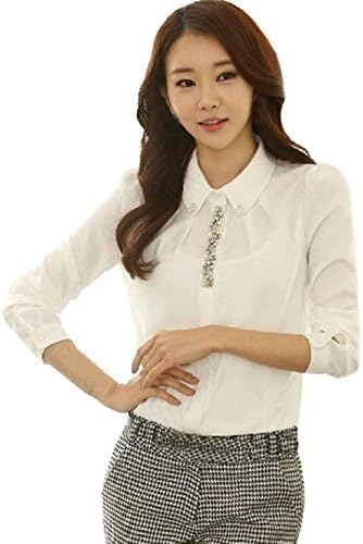 Coromose® Women V-neck Chiffon Long Sleeve Shirt Blouse (S, White 2)