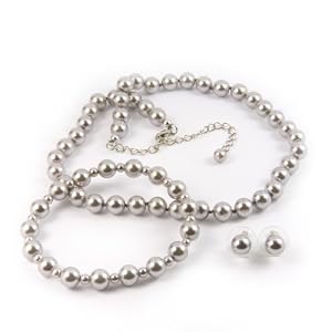 Silver 8mm Glass Pearl Necklace, Bracelet and Earring Set by