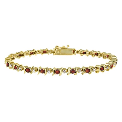 18k Gold Plated Sterling Silver Garnet "S" Bar Tennis Bracelet with Diamond-Accent, 7.25"
