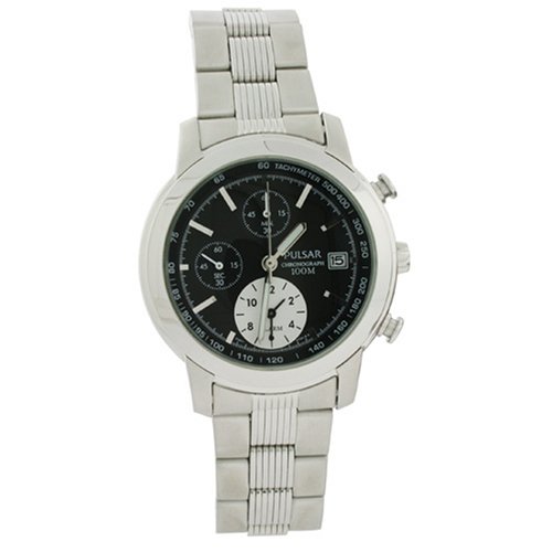 Pulsar Watch Chronograph Mens Quartz Alarm Round Black Dial Stainless PF3249