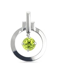 Long Drop Bail Circular Pendant With Genuine 6 MM Round Cut Peridot Center Stone In Silver.