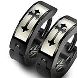Polished Black Stainless Steel Huggie Earrings with Medieval Gothic Cross in Center