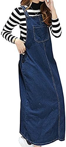 Herrew Korean Plus Size Women Loose Denim Sundress Jag Pocket Jumper Skirt (Blue,2XL)