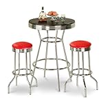 IMAGE OF Chrome Bar Table & 2 Chrome Finish Glitter Red Vinyl Seat Barstools