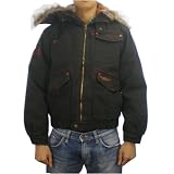 Mens Jack & Jones black designer zip-up winter jacket. 100% authentic item featuring a very unique behind the head zip-up fur hood. Large Jack & Jones logo embroidered on sleeve. Great fashion item for ski & snowboard fans.