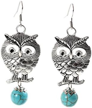 Bs1981 Vintage Tibet Silver Turquoise Stone Owl Shape Drop Dangle Earrings