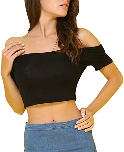MERREAL Women's Slim Fit Solid Color Off Shoulder Short Sleeve Crop Tops Black S