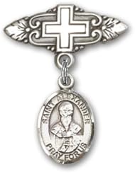 Sterling Silver Baby Badge with St. Alexander Sauli Charm and Badge Pin with Cross