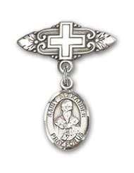 Sterling Silver Baby Badge with St. Alexander Sauli Charm and Badge Pin with Cross