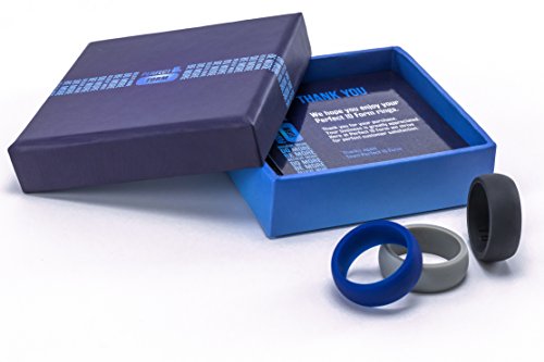 Mens Silicone Wedding Ring Wedding Band - 3 Ring Pack with Gift Box - Black, Light Grey and Blue - Premium Quality