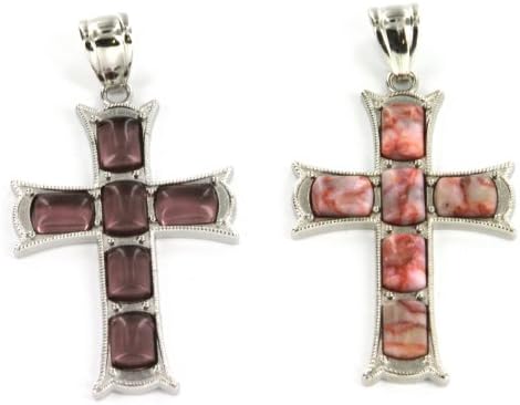Cross Pendant Set - Pink Matrix Stone, and Pink Glass Quartz (Synthetic) - 34x52mm Pendant - Set of 2