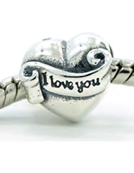 .925 Sterling Silver " I Love You Banner on Heart " Charm Bead Compatible with Pandora Chamilia Kay Troll Bracelet