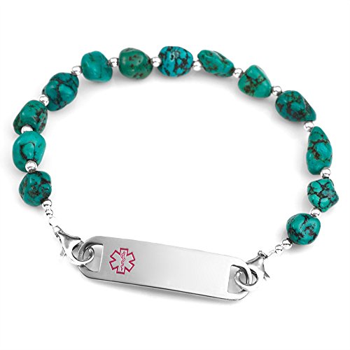 Turquoise River Bead and Sterling Medical Bracelet 7.5 In