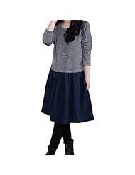 Round Neck Knee Length Spring Winter Striped Print Long Sleeves Cotton/Linen  Dress