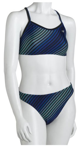 Speedo Women's Race Xtra Life Lycra Rainbow Stripe Overall Print V-Back Two Piece Swimsuit