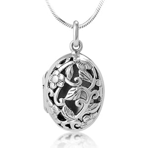 Chuvora Oxidized 925 Sterling Silver Open Filigree Floral Design Oval Shaped Locket Necklace 18''