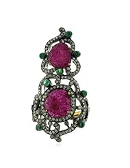 18kt Yellow Gold Diamond Pave Emerald & Ruby Carved Ring Silver Jewelry