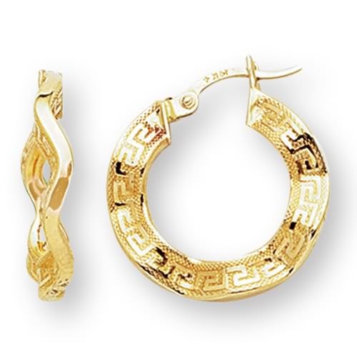 14k Yellow Gold Greek Key Wavy Hoop Earrings