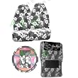 9 Piece Hawaiian Auto Interior Gift Set - Grey Hawaii Hibiscus Floral print: 2 Front Bucket Seat Cover, Steering Wheel Cover, 2 Shoulder Harness Pressure Relief Cover, 2 Front Floor Mat and 2 Rear Floor Mat - Grey