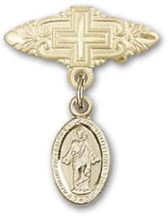 14K Gold Baby Badge with Scapular Charm and Badge Pin with Cross