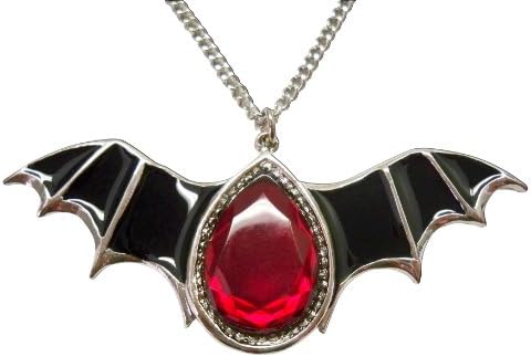 Real MetalGothic Black Bat Wings and Blood Red Stone Pewter Pendant Necklace
