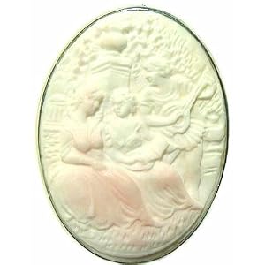 Idyll in the Garden, Master Carved Pink Conch Shell Cameo Pin Pendant Italian by
