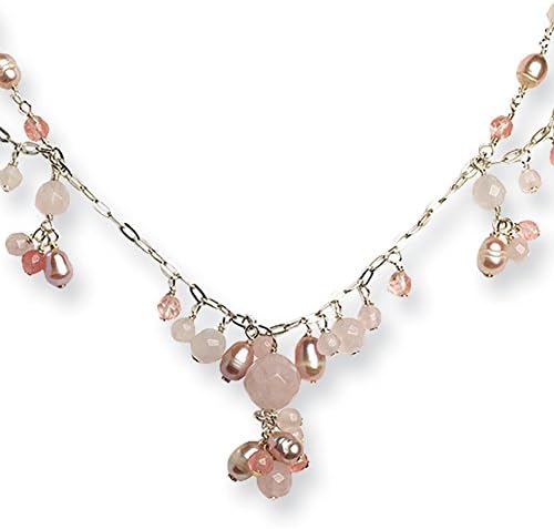 Sterling Silver Rose, Cherry Quartz & Cultured Pink Pearl Necklace, 16 inch, Chains & Necklaces for Women