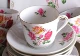 Victoria China Pink Red yellow Rose pattern Cup and Saucer