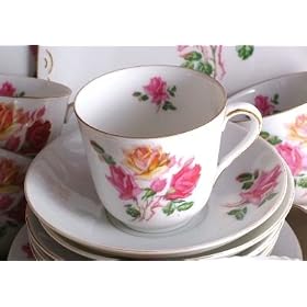 Victoria China Pink Red yellow Rose pattern Cup and Saucer