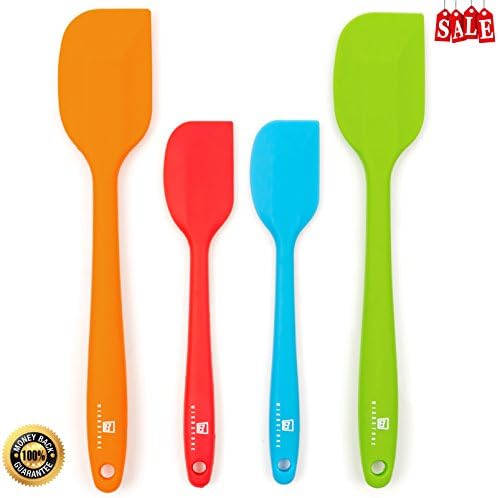 Wishstone Silicone Spatula Set: All-Purpose Solid Silicone 4-PC Multicolored Set: 2- 8.5" and 2- 11.5" -Small &amp; Large - Colors : Orange , Red , Blue , Green - Heat Resistant Turner Holder Spoon Tongs