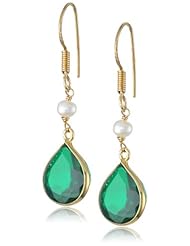 White Freshwater Cultured Pearl Accents Gold over Silver Dyed Emerald Color Quartz Bezel Teardrop Earrings