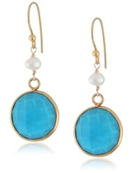 Faceted Gemstone Round Shape Bezel with White Freshwater Cultured Pearl and Gold over Silver Ear Wire Drop Earrings